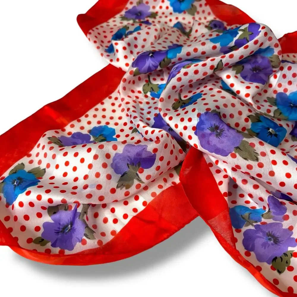 Red & White Scarf with Blue and Purple Flowers